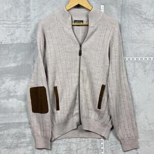 Orvis Wool Zip Cardigan Beige Ribbed Elbow Patches Men Size M 100% wool Casual
